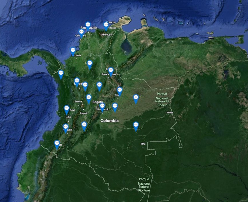 MAPA DE ELECTROLINERAS CHEVROLET EN COLOMBIA